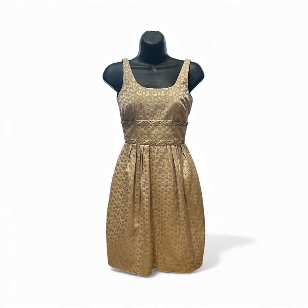 Carmen Marc Valvo Gold Metallic Brocade Fit & Flare Dress (Size 2) - Picture 3 of 10